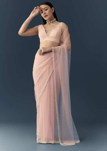 Light Pink Net Saree with Zigzag Cutwork and Unstitched Blouse
