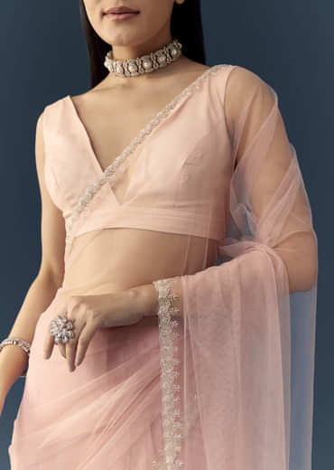 Light Pink Net Saree with Zigzag Cutwork and Unstitched Blouse
