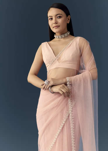 Light Pink Net Saree with Zigzag Cutwork and Unstitched Blouse