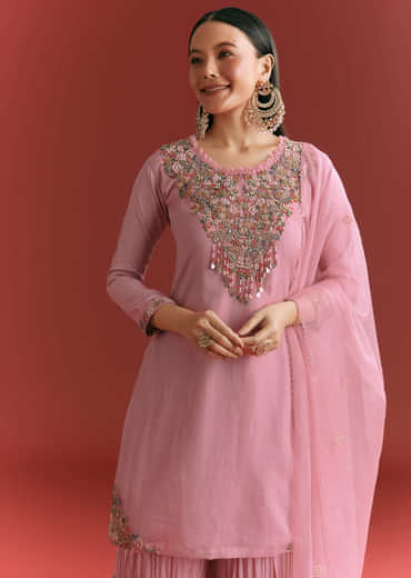 Light Pink Organza Kurta Sharara Suit With Embroidery