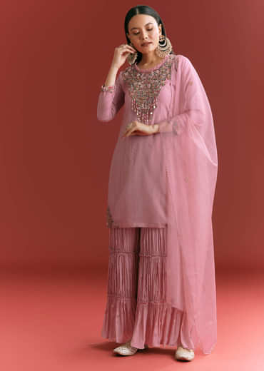 Light Pink Organza Kurta Sharara Suit With Embroidery