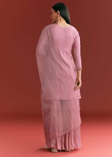 Light Pink Organza Kurta Sharara Suit With Embroidery