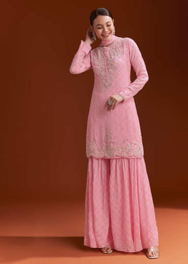 Light Pink Chinon Sharara Set With Cutdana And Sequins