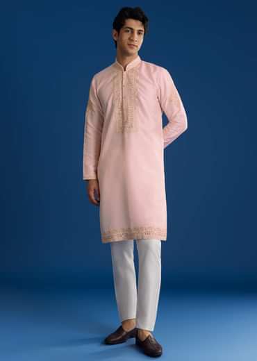 Light Pink Silk Mirror Threadwork Kurta Set
