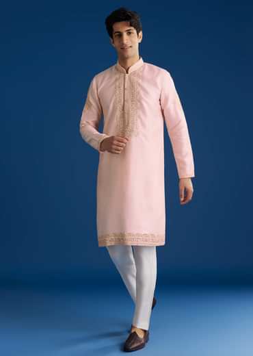 Light Pink Silk Mirror Threadwork Kurta Set