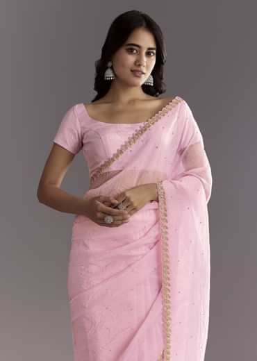 Light Pink Tissue Embroidered Saree With Cutwork Scallop Border