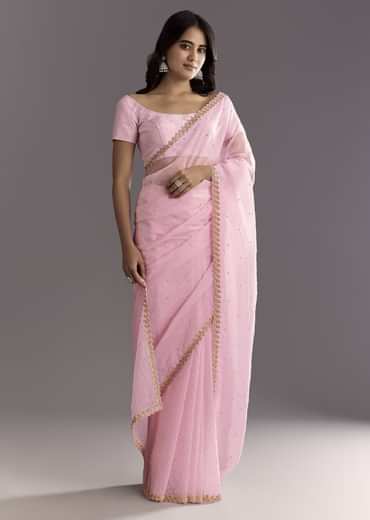 Light Pink Tissue Embroidered Saree With Cutwork Scallop Border