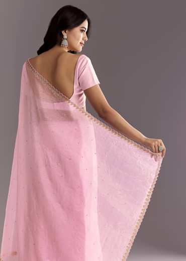 Light Pink Tissue Embroidered Saree With Cutwork Scallop Border