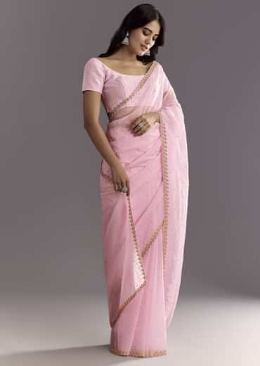 Light Pink Tissue Embroidered Saree With Cutwork Scallop Border