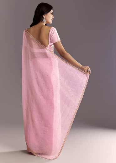 Light Pink Tissue Embroidered Saree With Cutwork Scallop Border