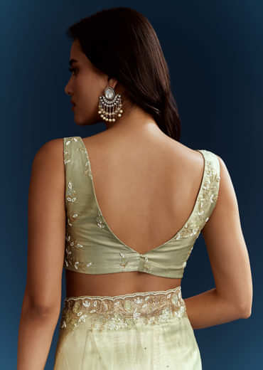 Light Pista Organza Saree With Floral Cutdana And Stone Embroidery