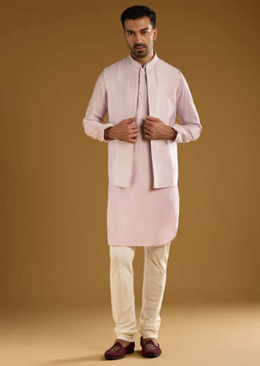 Light Purple Kurta Jacket Set For Men With Resham Work