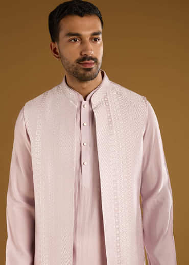 Light Purple Kurta Jacket Set For Men With Resham Work