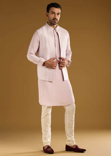 Light Purple Kurta Jacket Set For Men With Resham Work