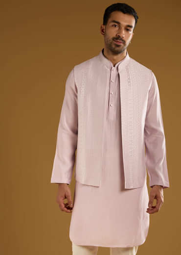 Light Purple Kurta Jacket Set For Men With Resham Work