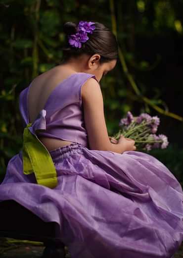 Kalki Girls Light Purple Skirt And Crop Top In Hand Woven Cotton Silk With Tie Up At The Back And Woven Border By Love The World Today
