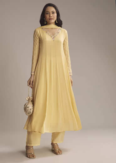 Light Yellow Chinon Anarkali Suit With Cutdana And Sequins Work