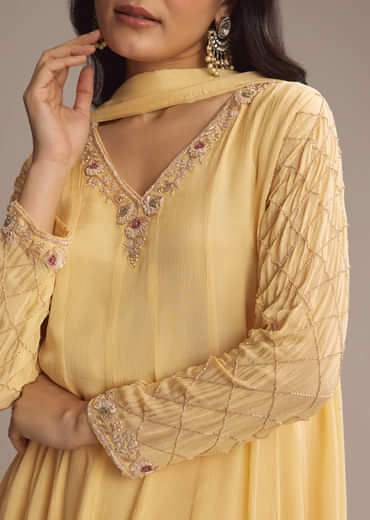 Light Yellow Chinon Anarkali Suit With Cutdana And Sequins Work