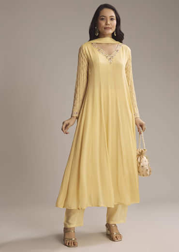 Light Yellow Chinon Anarkali Suit With Cutdana And Sequins Work