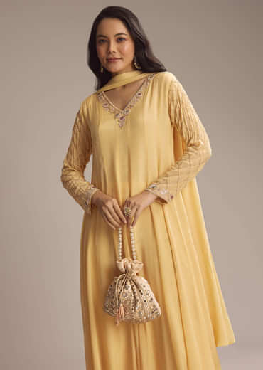 Light Yellow Chinon Anarkali Suit With Cutdana And Sequins Work