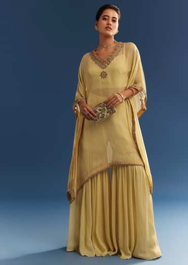 Light Yellow Embroidered Kaftan Sharara Set In Organza