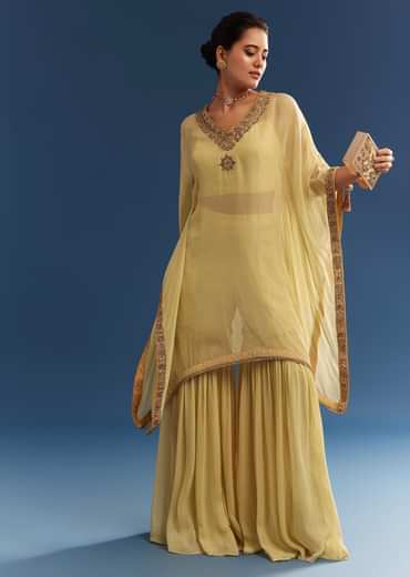 Light Yellow Embroidered Kaftan Sharara Set In Organza