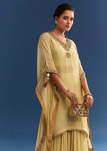 Light Yellow Embroidered Kaftan Sharara Set In Organza
