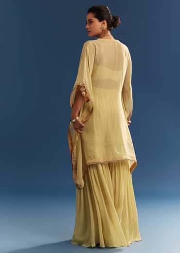 Light Yellow Embroidered Kaftan Sharara Set In Organza