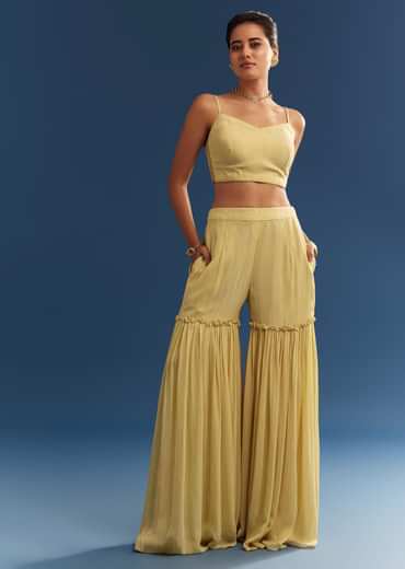 Light Yellow Embroidered Kaftan Sharara Set In Organza