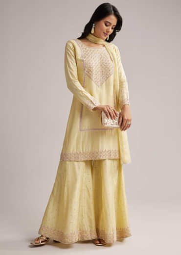 Light Yellow Embroidered Sharara Set With Dupatta