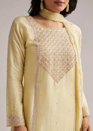 Light Yellow Embroidered Sharara Set With Dupatta