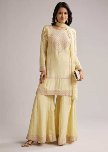 Light Yellow Embroidered Sharara Set With Dupatta