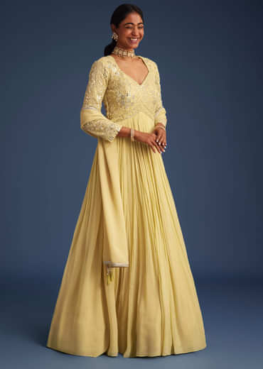 Light Yellow Georgette Anarkali With Mirror And Sequin Work