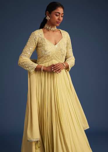 Light Yellow Georgette Anarkali With Mirror And Sequin Work