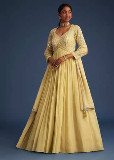 Light Yellow Georgette Anarkali With Mirror And Sequin Work