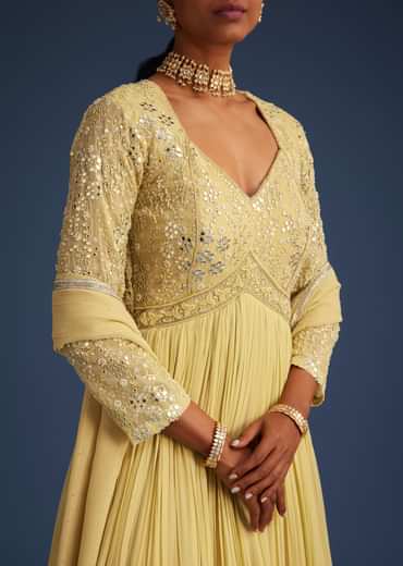 Light Yellow Georgette Anarkali With Mirror And Sequin Work