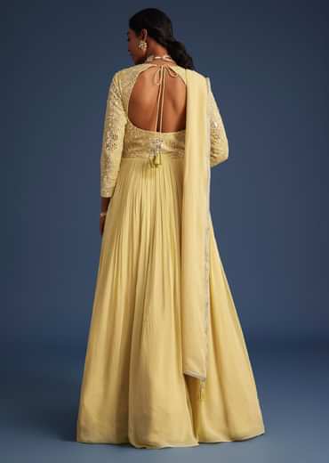 Light Yellow Georgette Anarkali With Mirror And Sequin Work