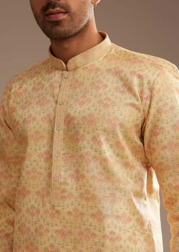 Light Yellow Silk Abstract Printed Kurta Set