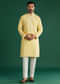 Light Yellow Silk Kurta Set For Men With Mirror And Resham Embroidery