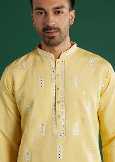 Light Yellow Silk Kurta Set For Men With Mirror And Resham Embroidery