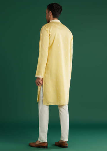 Light Yellow Silk Kurta Set For Men With Mirror And Resham Embroidery