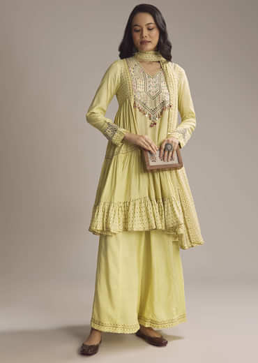 Light Yellow Silk Printed Palazzo Suit With Resham Work