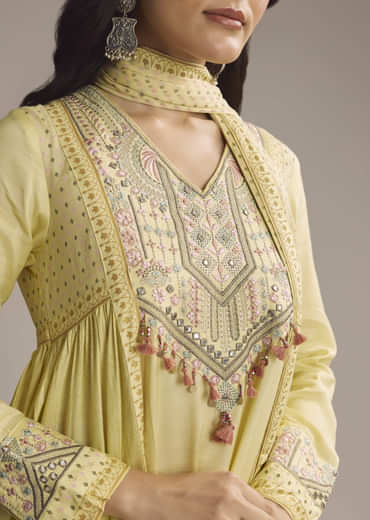 Light Yellow Silk Printed Palazzo Suit With Resham Work