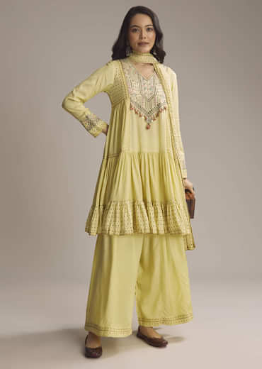 Light Yellow Silk Printed Palazzo Suit With Resham Work