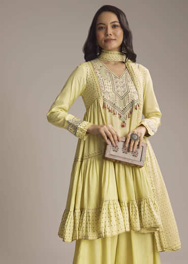 Light Yellow Silk Printed Palazzo Suit With Resham Work