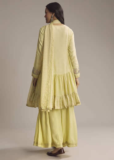 Light Yellow Silk Printed Palazzo Suit With Resham Work