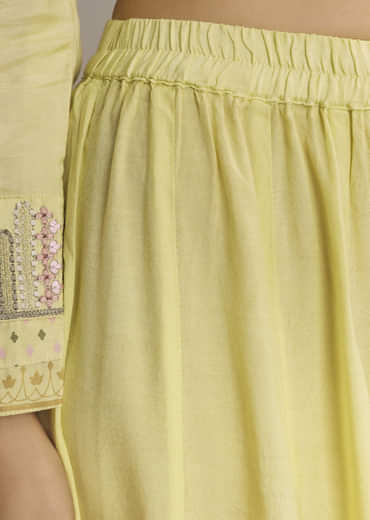 Light Yellow Silk Printed Palazzo Suit With Resham Work
