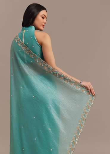Light Blue Crushed Tissue Saree Embroidered With Cutdana And Sequins