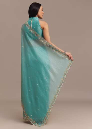 Light Blue Crushed Tissue Saree Embroidered With Cutdana And Sequins