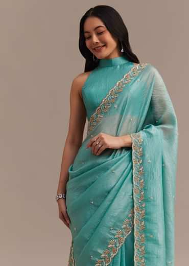 Light Blue Crushed Tissue Saree Embroidered With Cutdana And Sequins